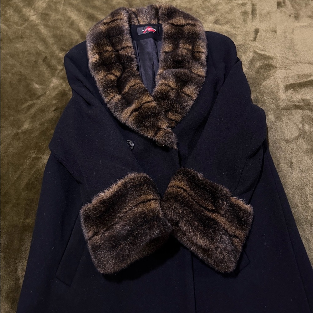 Macy's Black Coat with Brown Faux Fur Trim